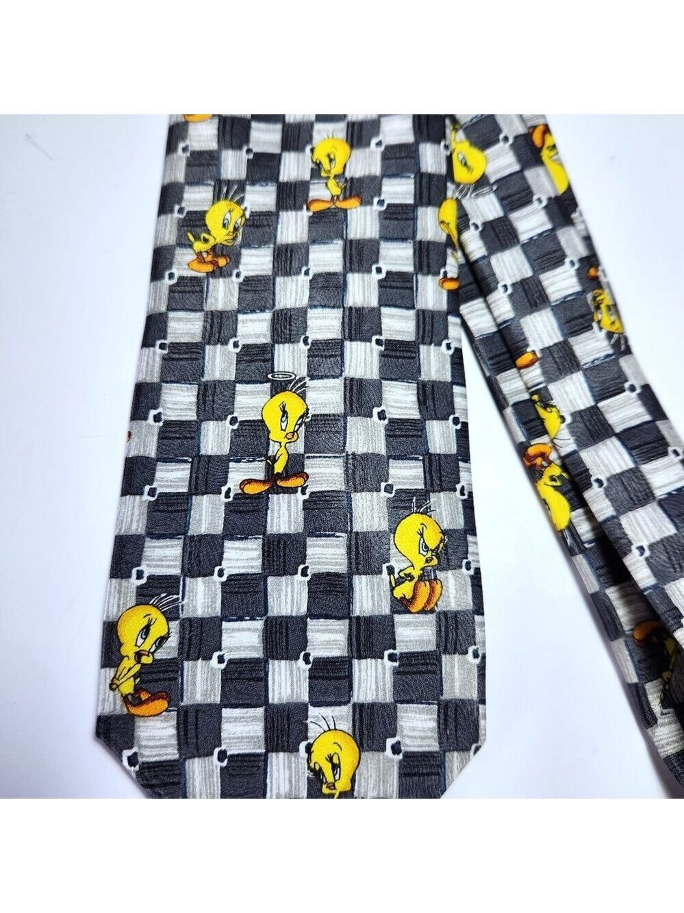 Vintage Warner Brothers Looney Tunes Tweety Bird Tie 1999 Black & White Check